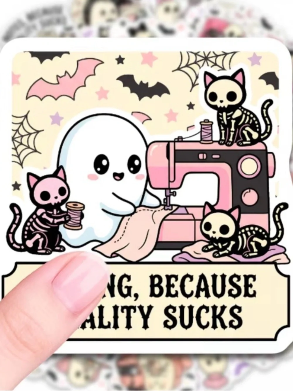 50 Cute Ghost & Her 3 Pet Cats Stickers Busy Kitty Because Reality Sucks' Pink